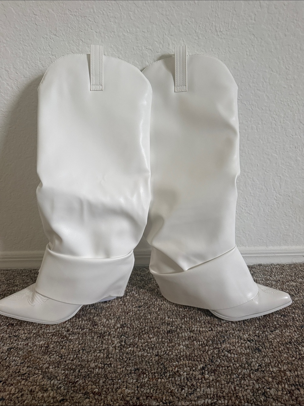Fashion Nova White Slouchy Pointed-Toe Heeled Boots